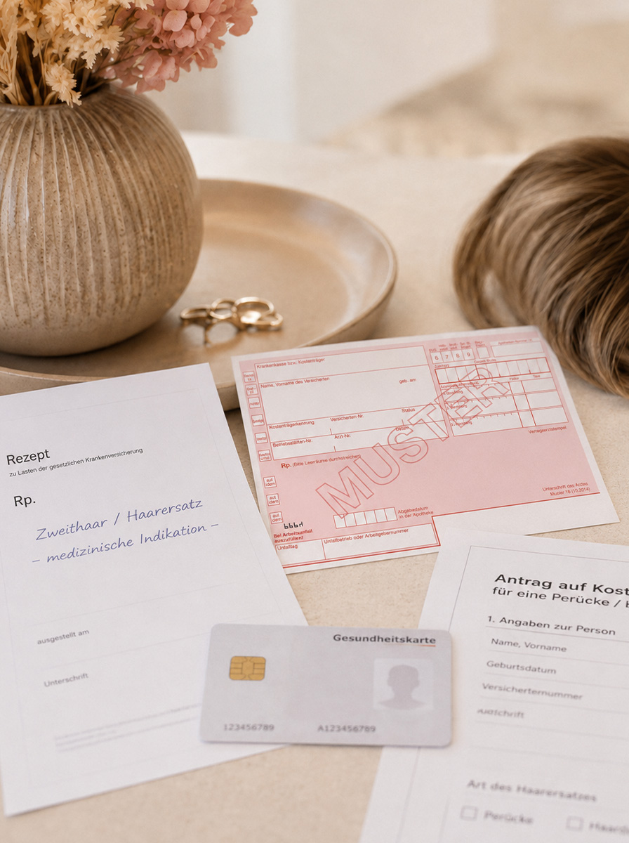 Rezept, Krankenkassenkarte und Antrag auf Kostenübernahme für Haarersatz